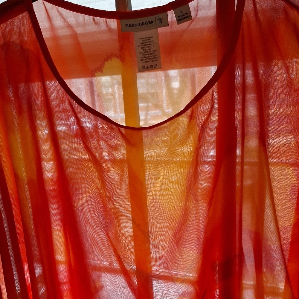 Susan Graver Vibrant Red and Orange Sheer Blouse